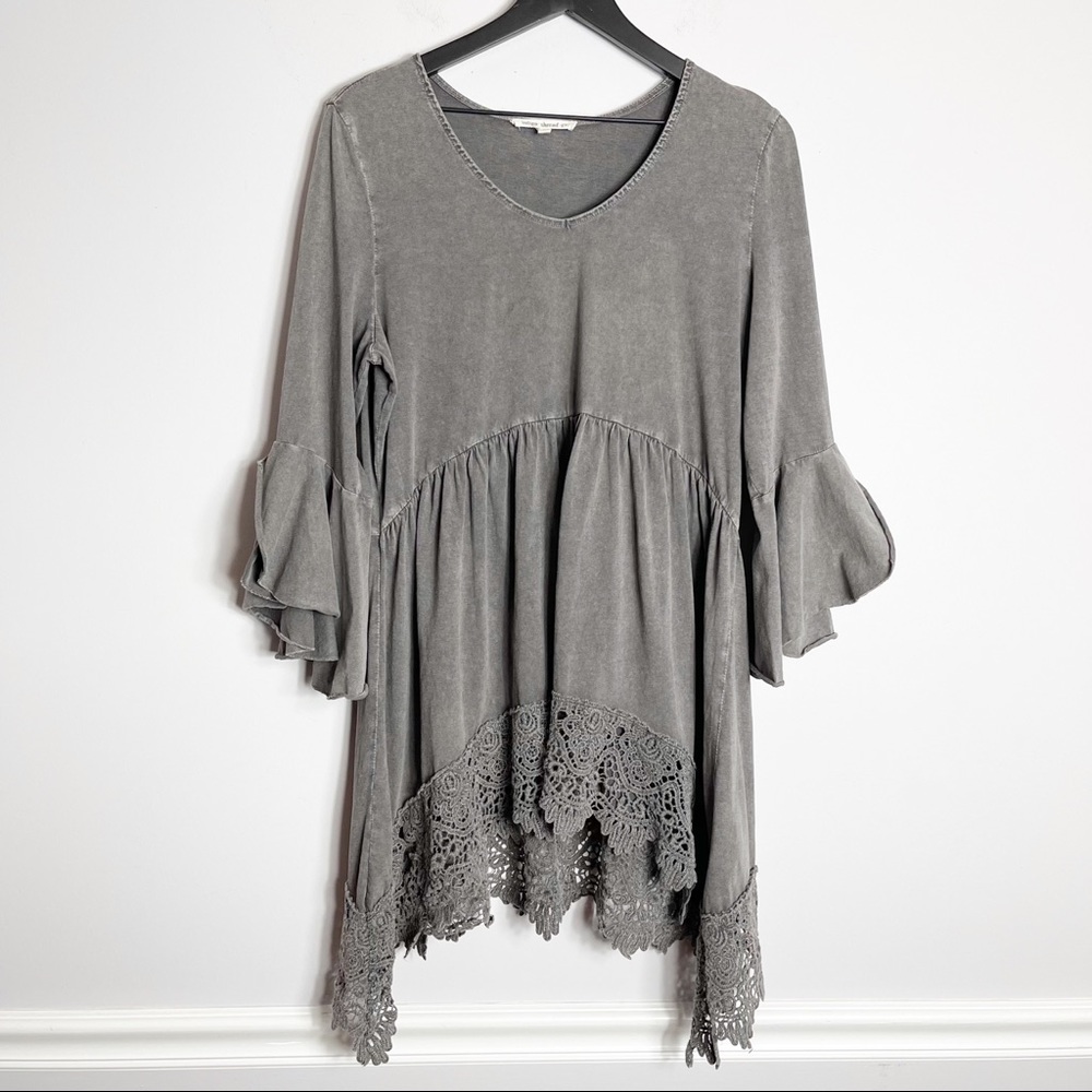 Indigo Thread Co. L Crochet Long Bell Sleeve Scoop Neck Babydoll Dress